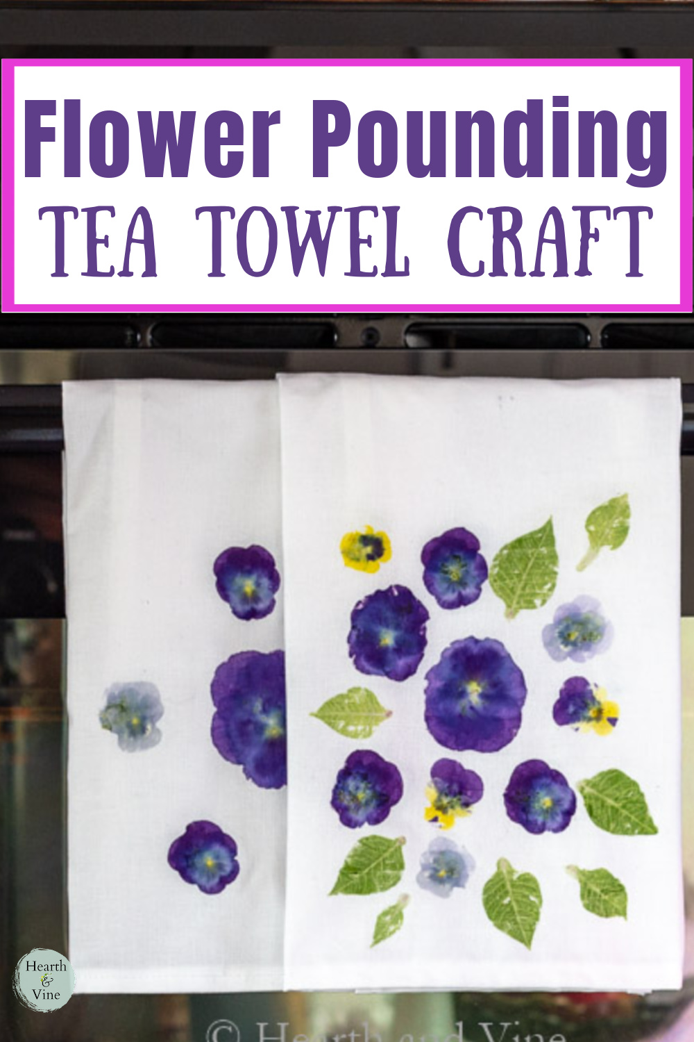 Pansy and leaf flowers pounding onto two tea towels.