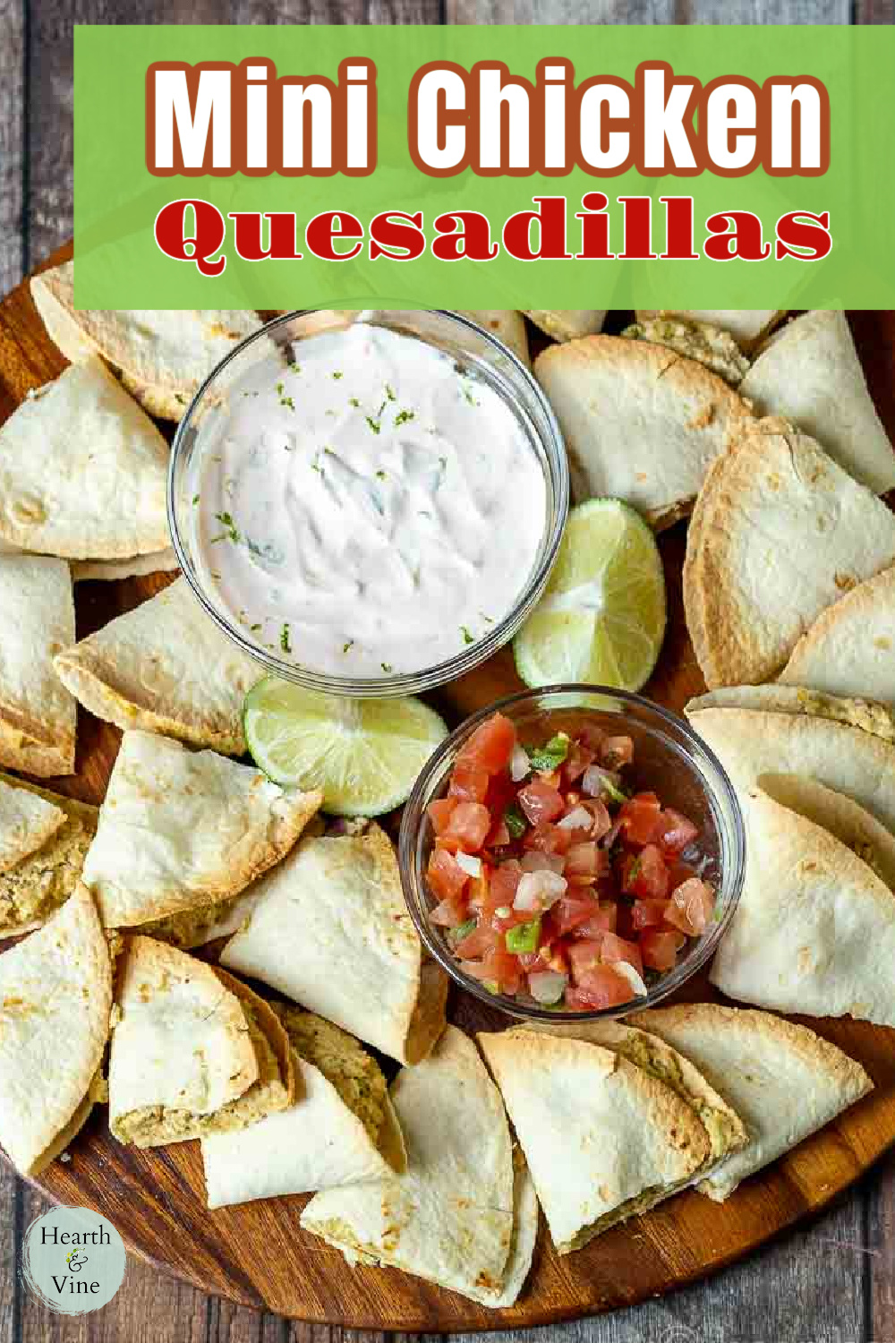 Mini chicken quesadillas surrounding a bowl of crema and pico de gallo.