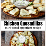 Side view of mini chicken quesadillas with crema and pico de gallo over the same in an aerial view.