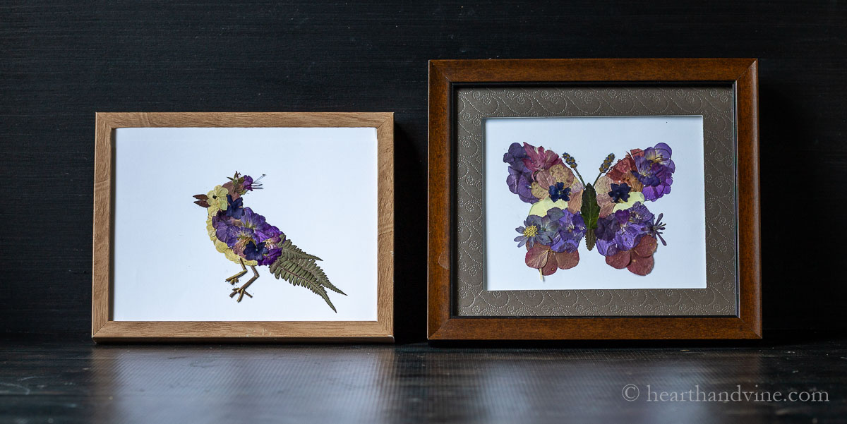 A pressed flower bird in a frame next to a pressed flower butterfly in a frame.