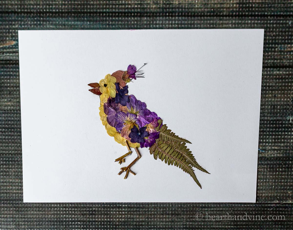 The completed pressed flower bird on white paper.