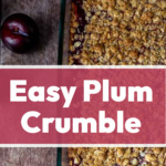 A 9 x 13 baking dish with plum cobber bars and a couple of fresh plums on the side.