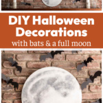 A large full moon above a mantel with flying bats on the brick wall under the full view of the same mantel.