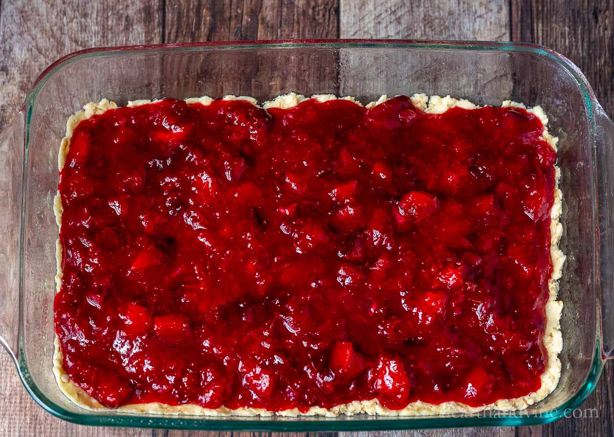 Plum filing spread on top of crust.