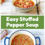 Serving bowl of stuffed pepper soup over an entire pot of the same soup.