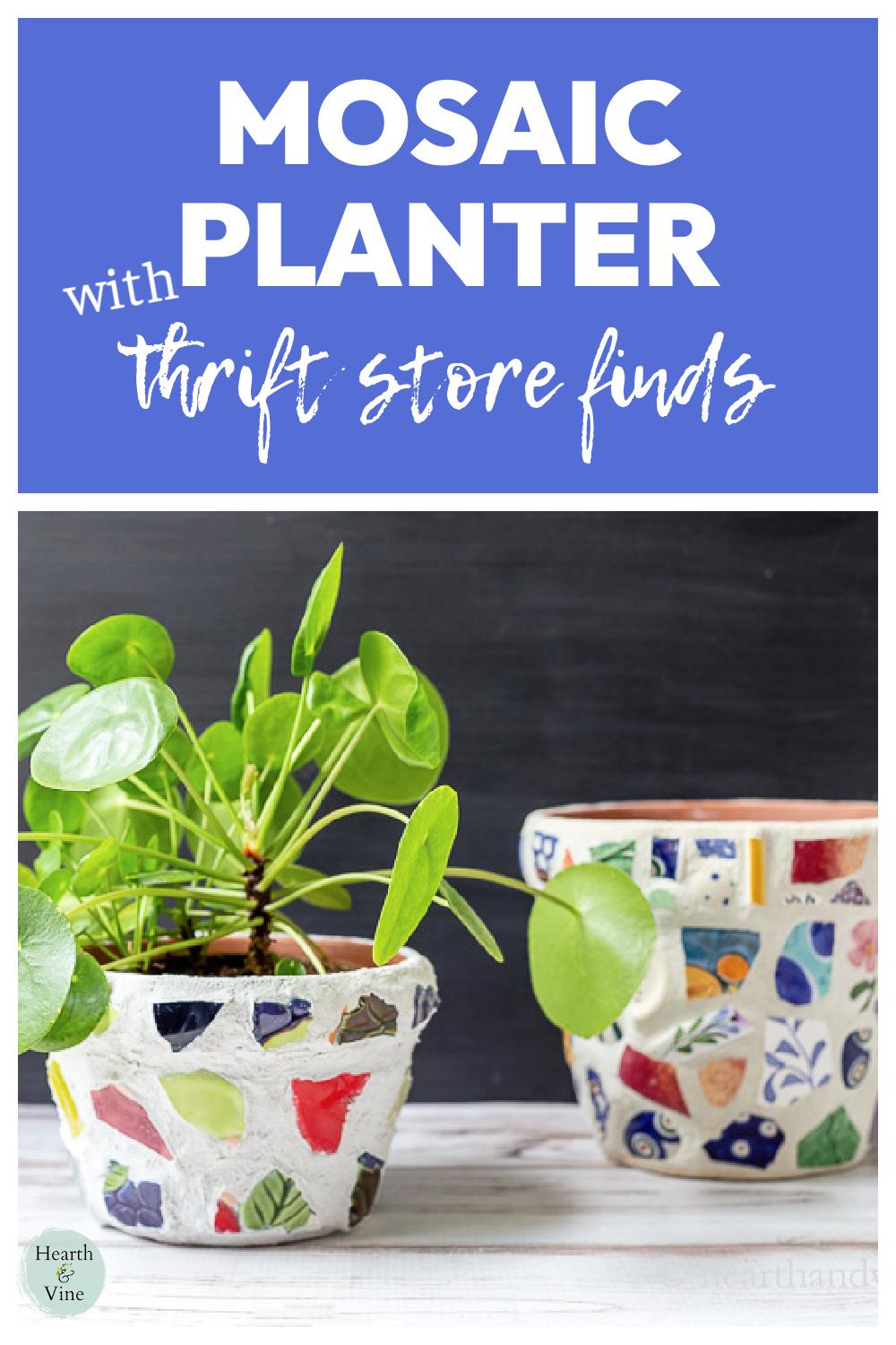 Two mosaic flower pots. One with a Pilea plant and one is empty.