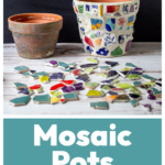 Old terra cotta pot next to a mosaic pot behind several broken plates and cup pieces.