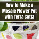 Close up of a handmade mosaic flower pot with a plant inside.