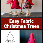 Group of five tabletop fabric trees over a tree pattern and a single solid red tree.