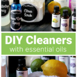 Bottles of cleaning products and essential oils over a bottle of lemon essential oil, a fresh lemon and a cleaning cloth.