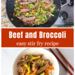 Beef and broccoli in a skillet over the same in a serving bowl.