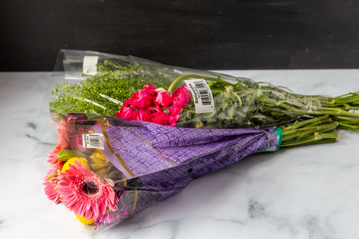 Wrapped bouquets of flowers from the store.