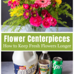 A vase filled with a variety of flowers in shades of pinks and purple with a few yellow over a bottle of bleach, vinegar, sprite and plant food packet.