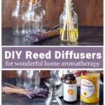 DIY reed diffuser and a few empty bottles over a small funnel in a bottle with oil.