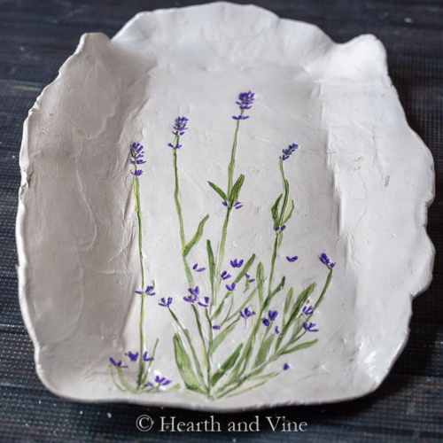 Handmade clay tray with lavender flowered pressed and painted on the middle.
