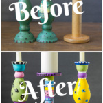 Wooden candlestick before and after painting them images.
