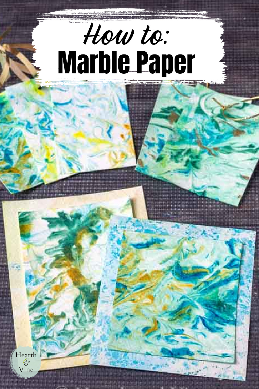 Marbled paper with alcohol inks in shades of blue, green and yellow.