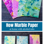 Overlapped marbled paper in bright colors over a few more muted ones below.