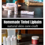 Tinted lip balm tubes with labels over empty tubes, mica powders and essential oil bottle.