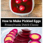 A storage container with pickled eggs and beets in the beet juice over sliced pickled beets and eggs on a plate.