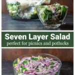 Side view of a 7 layer salad with a spoon scooped out portion in a separate individual bowl over the top view of the layers.