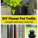 Summer flower planter over larger view, vine growing up trellis and the finial on top.