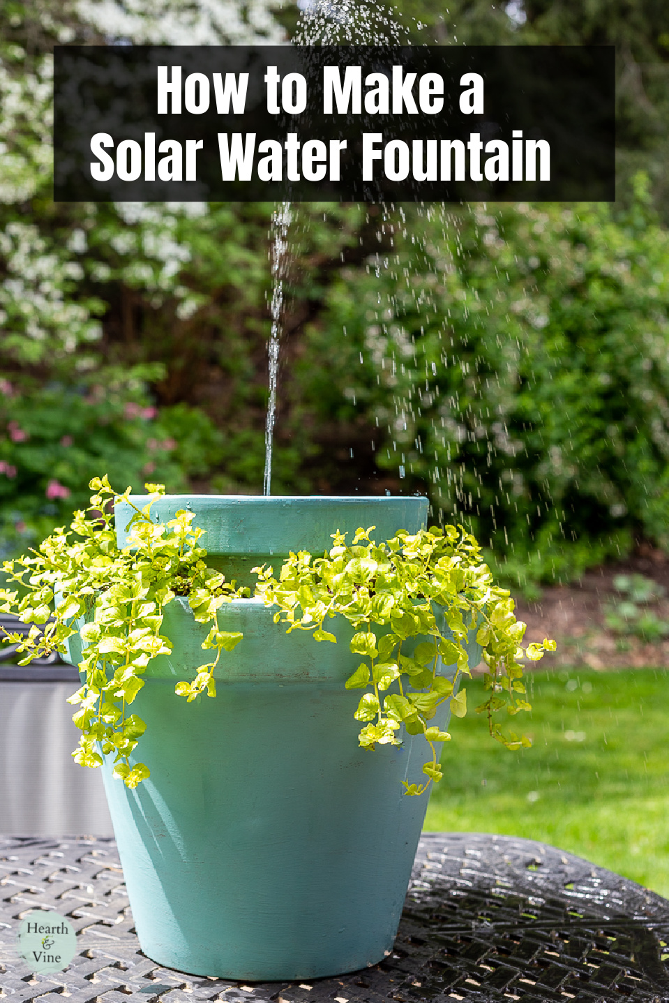 Blue pot solar water fountain with chartreuse plant growing from the sides.
