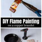 Pliers holding a flame painted copper bracelet over supplies including a kitchen torch, sandpaper and a bowl of water.