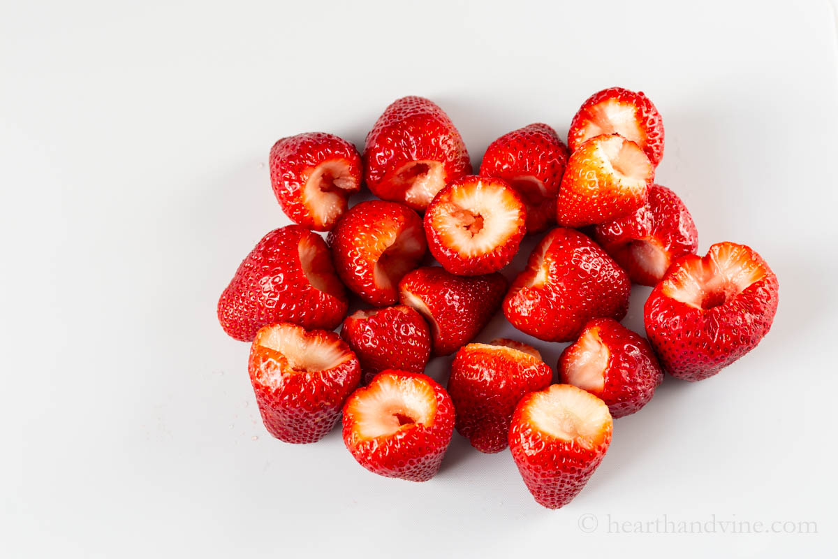 Strawberries cleaned and hulled.