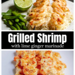 Dinner plate of rice snap peas and grilled skewered lime shrimp over just the skewers of grilled shrimp.