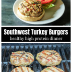 Southwest turkey burger on a bun over four turkey burgers on the grill.