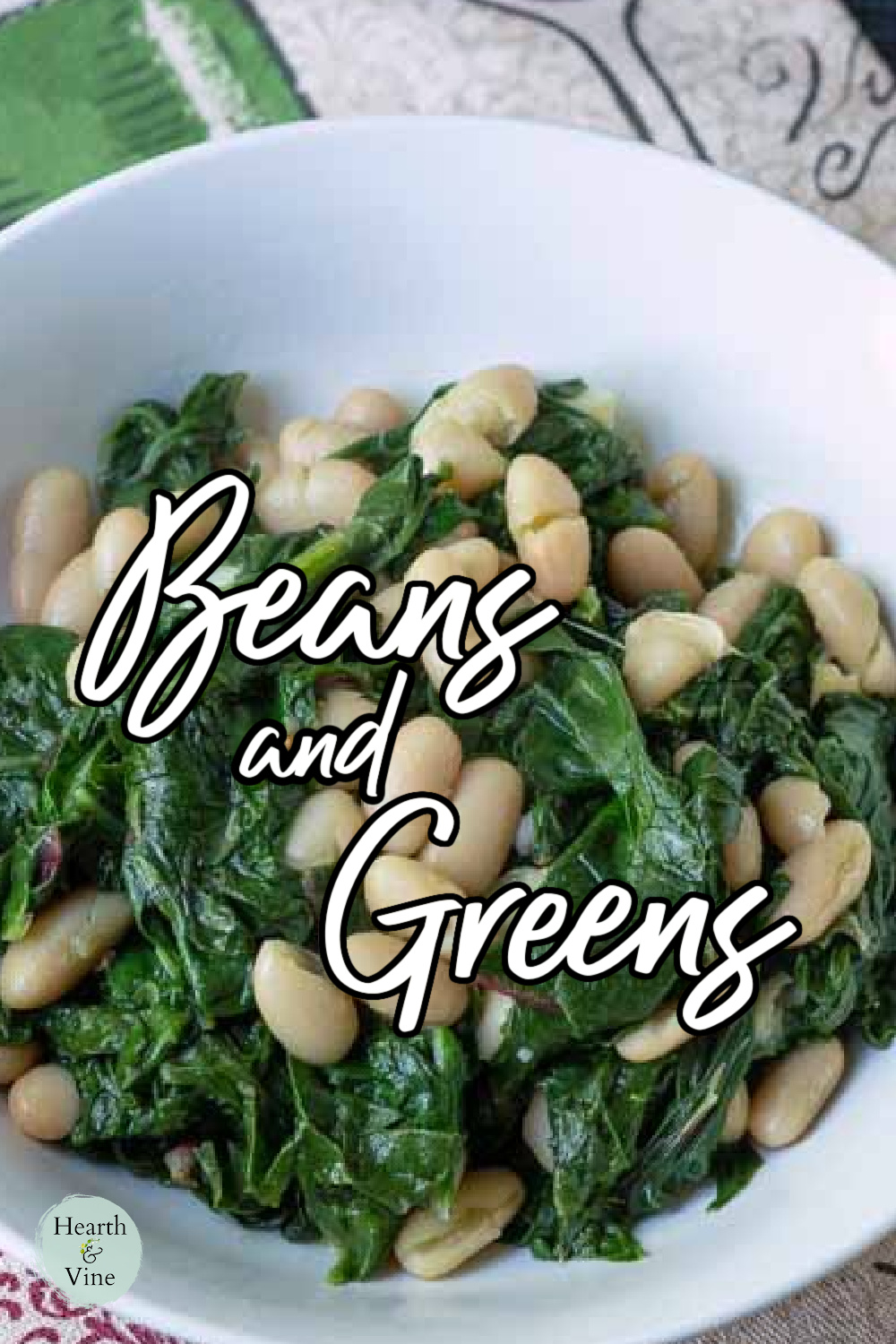 Close up look of a bowl of Italian beans and greens/