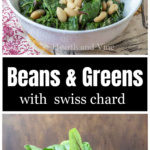 Bowl of beans and greens over a bunch of fresh Swiss Chard.