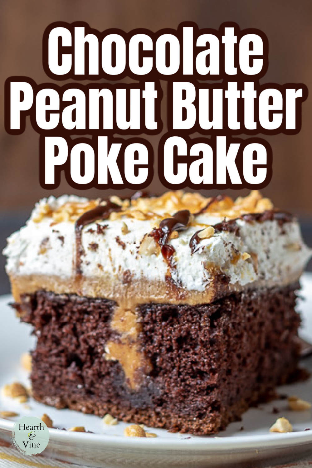 Slice of chocolate peanut poke cake.