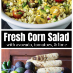 Bowl of grilled corn avocado salad over a table with all the ingredients.
