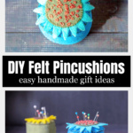 Aerial view of a flower shaped pin cushion over two pincushions from the side.