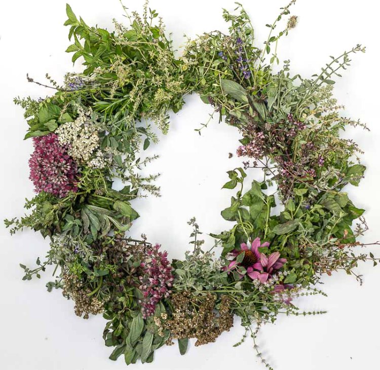 A fresh made herbal harvest wreath.
