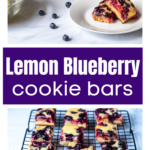Lemon blueberry bars stacked in front of more on a wire rack over the same wire rack vertically.