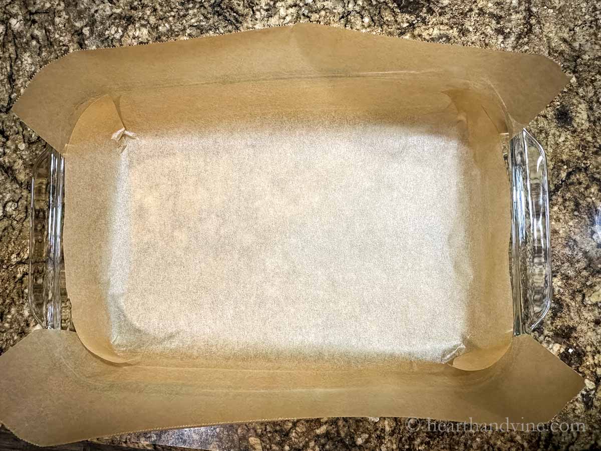 Baking pan lined with parchment paper.
