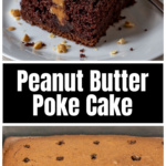 Slice of peanut butter poke cake over the pan with holes poked in.