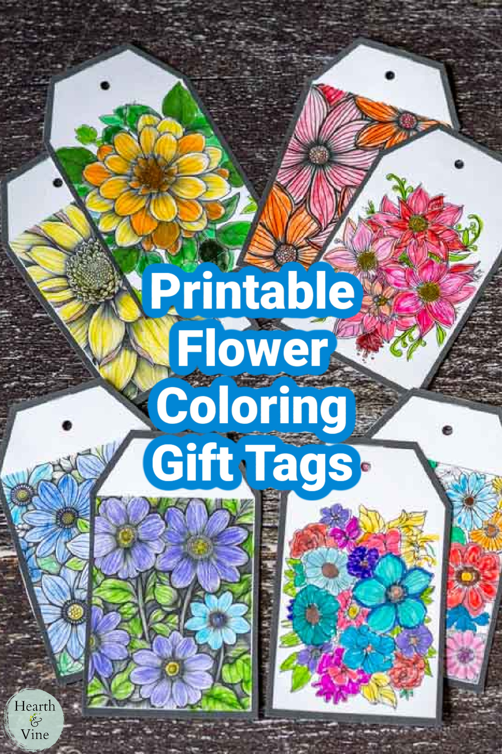 Eight brightly colored flower coloring gift tags.