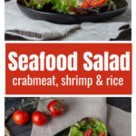 Side view of seafood salad on a plate over an aerial view.