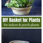 A hanging plant basket over the supplies to make one including embroidery hoops, a basket, rope, and glue.