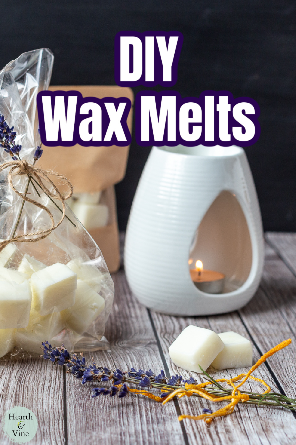 Homemade wax melts, dried lavender flowers, orange peels and a tealight wax burner.