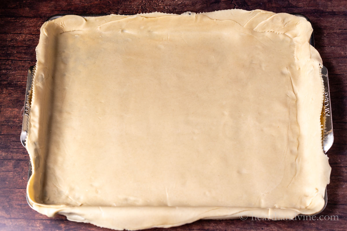 Three refrigerated pie crusts used to cover the bottom and sides of a 10 x 15 inch baking pan.