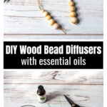 Two DIY wood essential oil diffusers next to a pair of scissors over the supplies including essential oil bottle and twine.