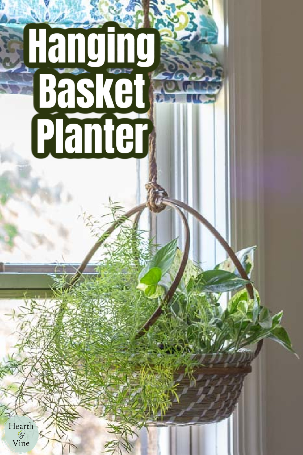 Basket of plants hanging with embroidery hoops and sisal rope from a windowsill.