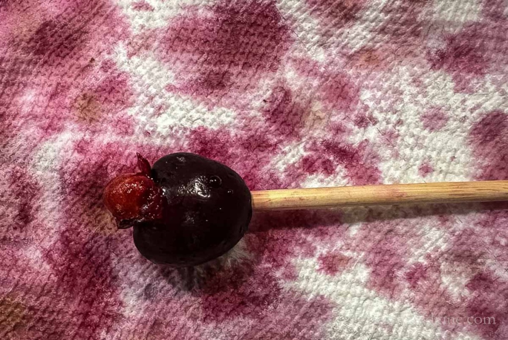 Pitting a cherry with a wooden skewer.