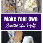 Aerial view of lavender wax melts, dried lavender and a burner over a side view of the same.
