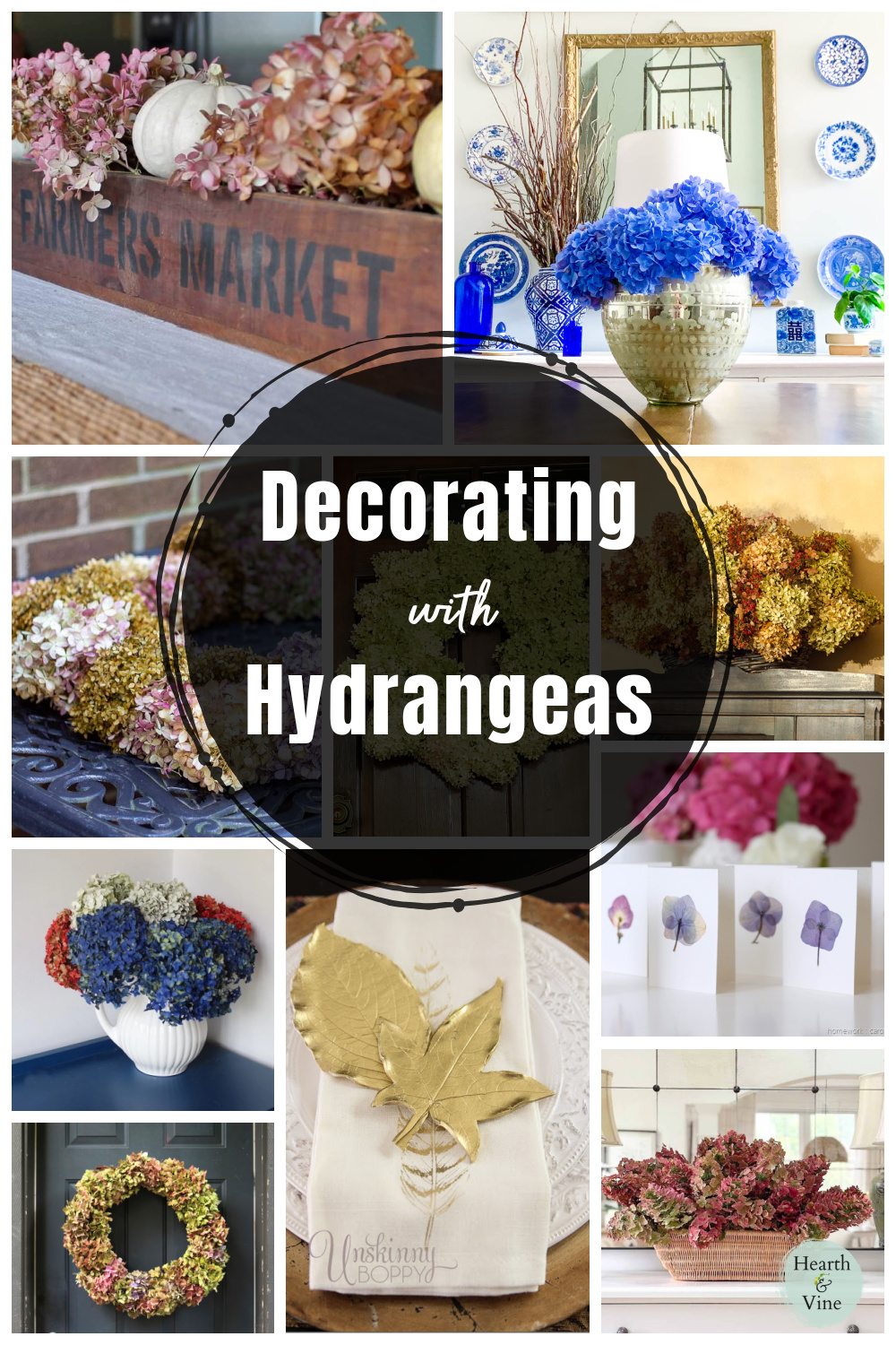 A collage of dried hydrangea flowers in centerpieces, bouquets and wreaths.